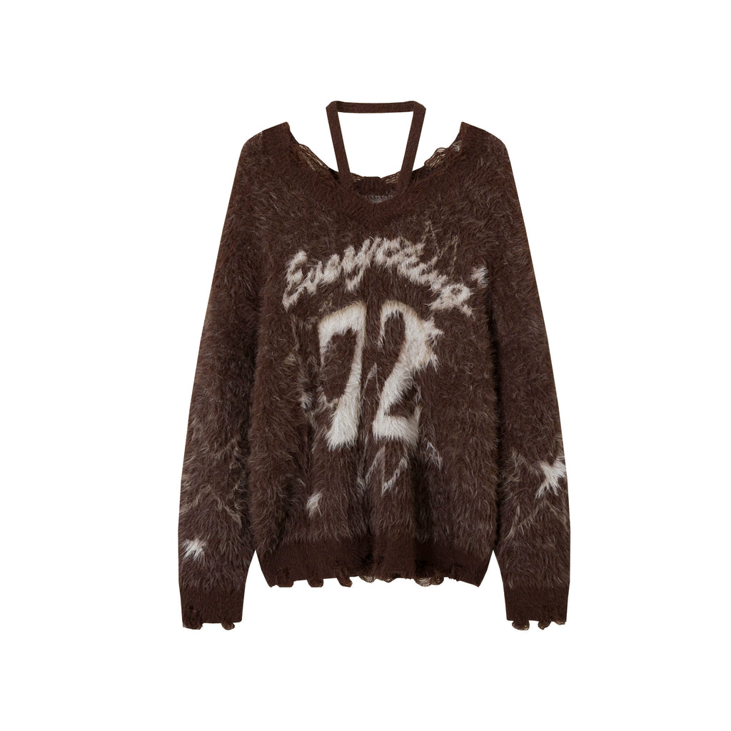 HTYM Halter One-Shoulder Mohair Sweater for Women