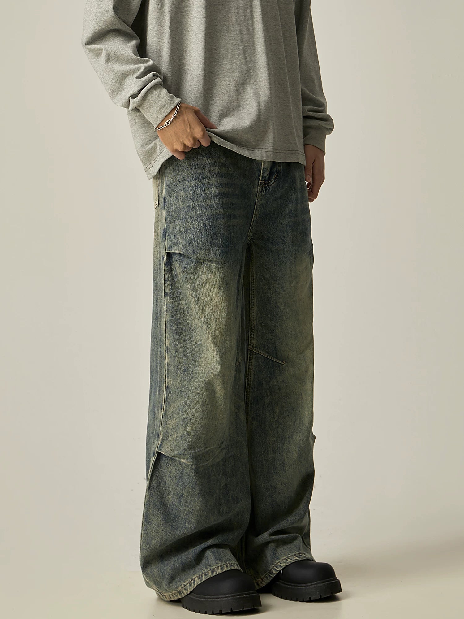 ISIETS Distressed Design Loose Wide Leg Jeans