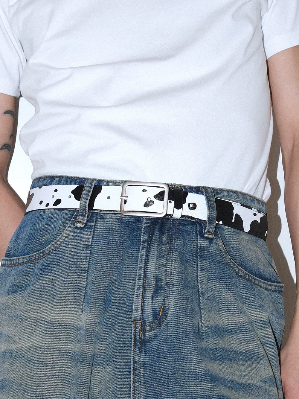 Darkblue Store Black White Cow Pattern Simple Casual Belt