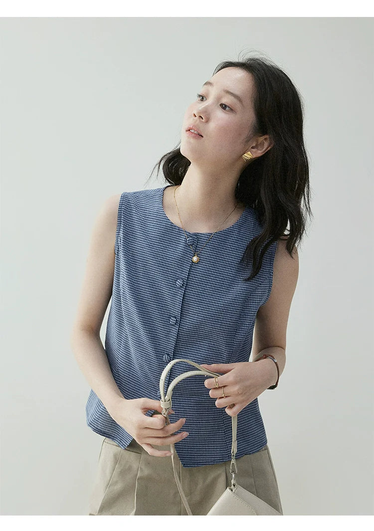 VOOE Contrast Checked Crew Neck Sleeveless Vest