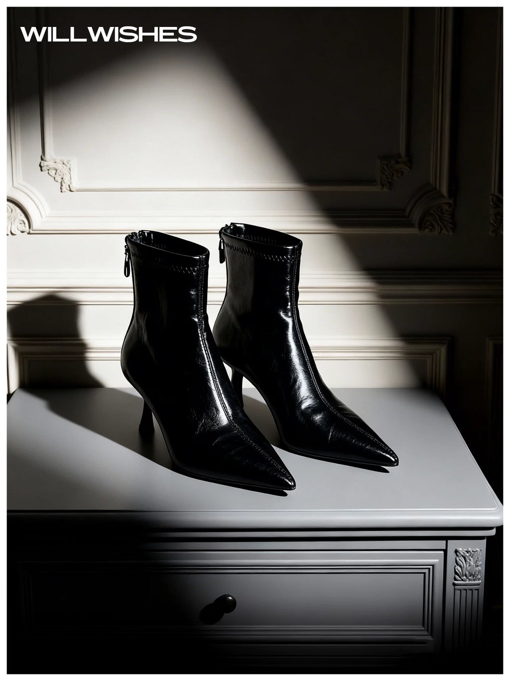 WILLWISHES Wang Ding Pointed Toe Stiletto Back Zipper Boots