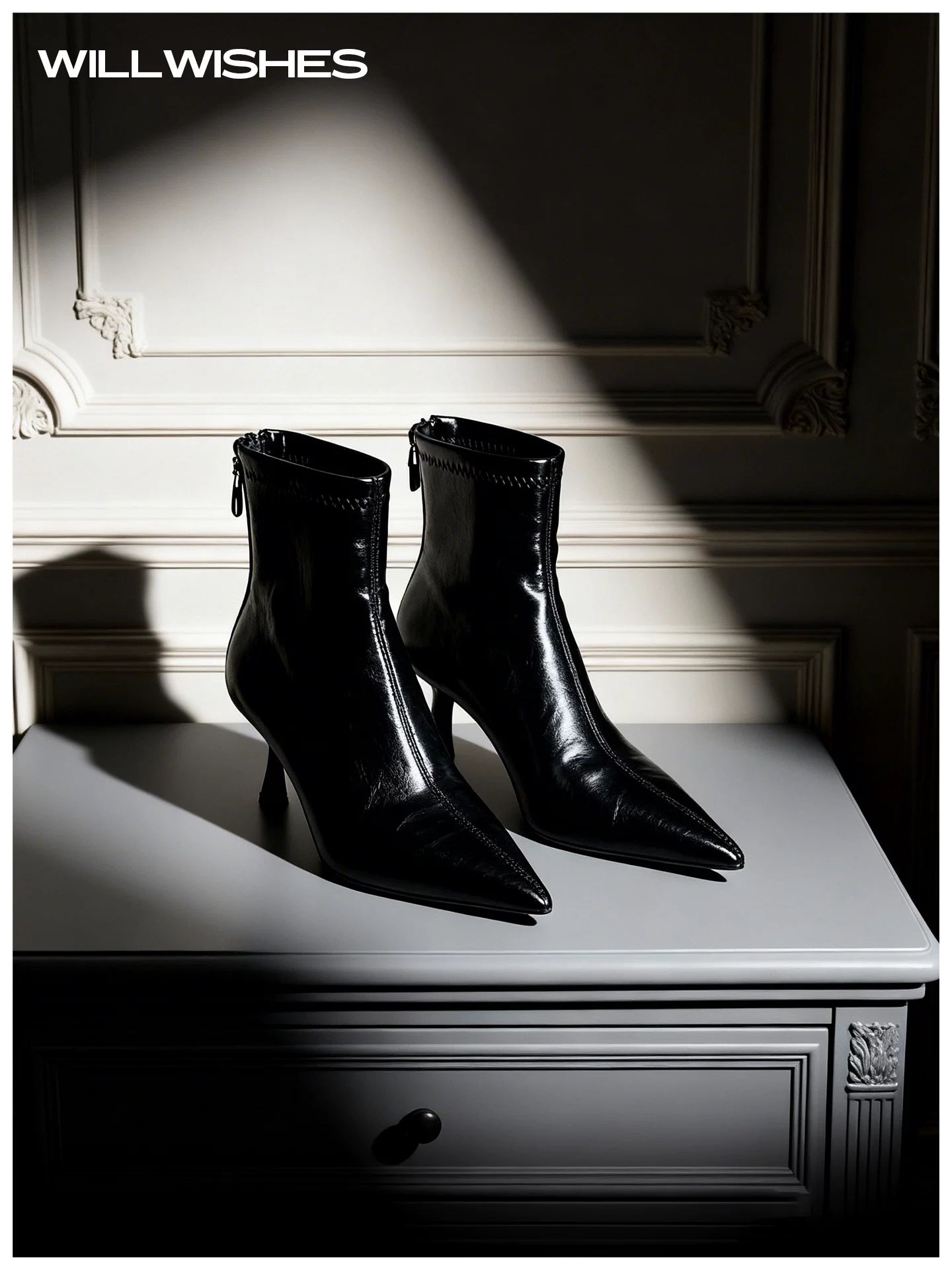 WILLWISHES Wang Ding Pointed Toe Stiletto Back Zipper Boots