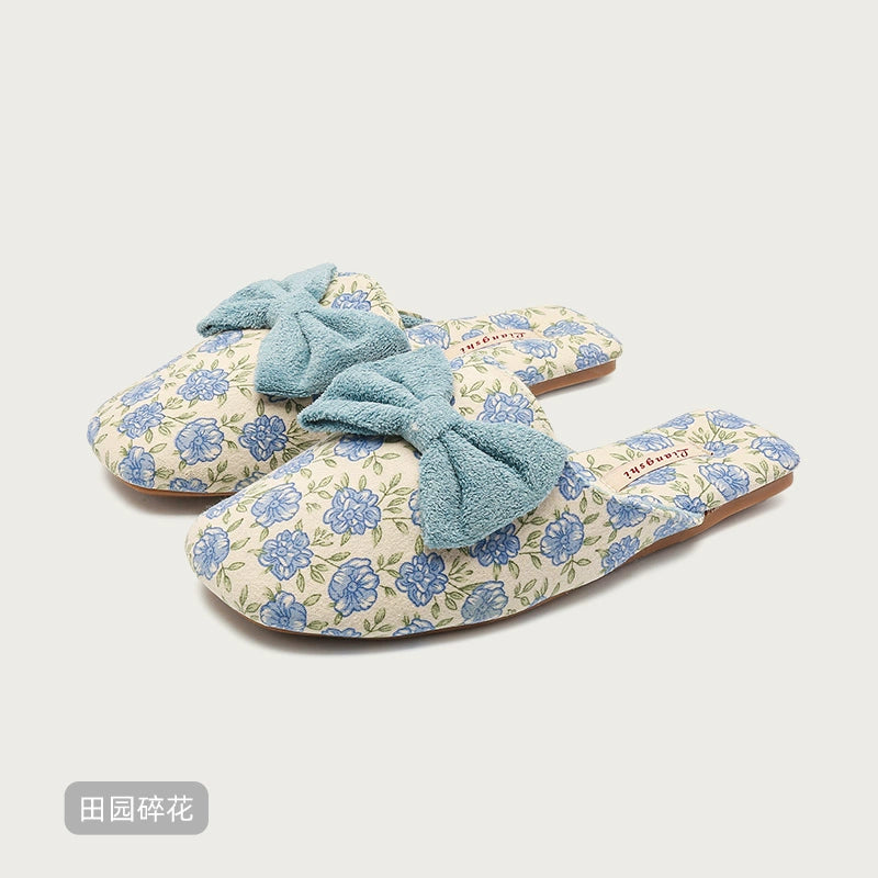 Suede Bow Warm Cotton Slippers
