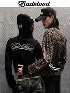 BADBLOOD Leopard Print Zip Cardigan Stand Collar Knit Jacket