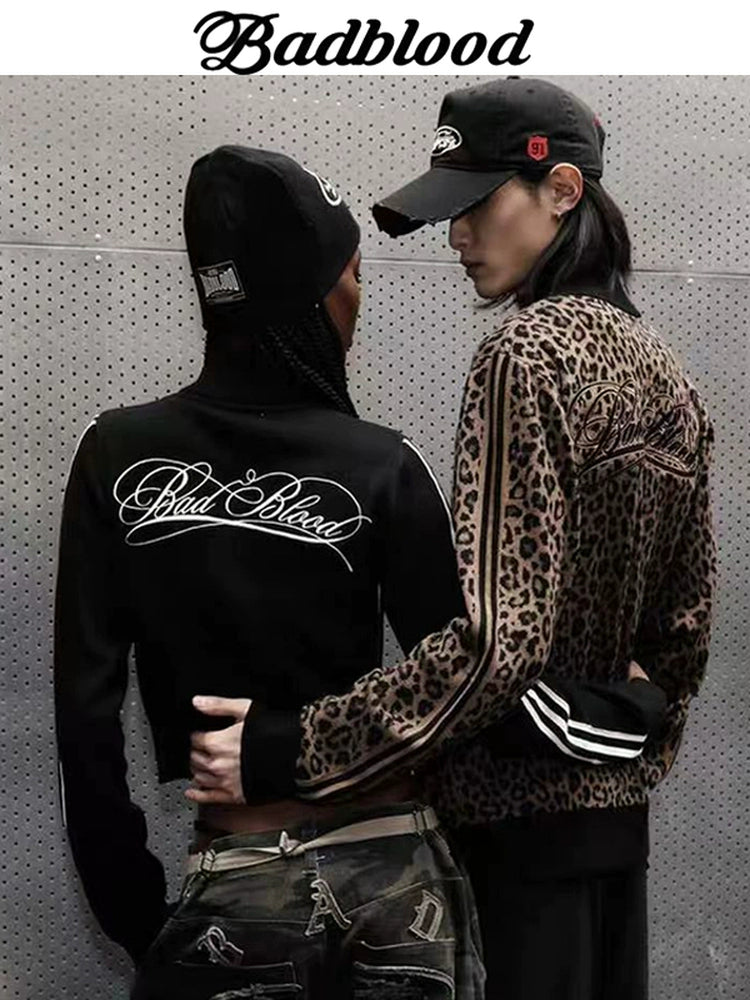 BADBLOOD Leopard Print Zip Cardigan Stand Collar Knit Jacket