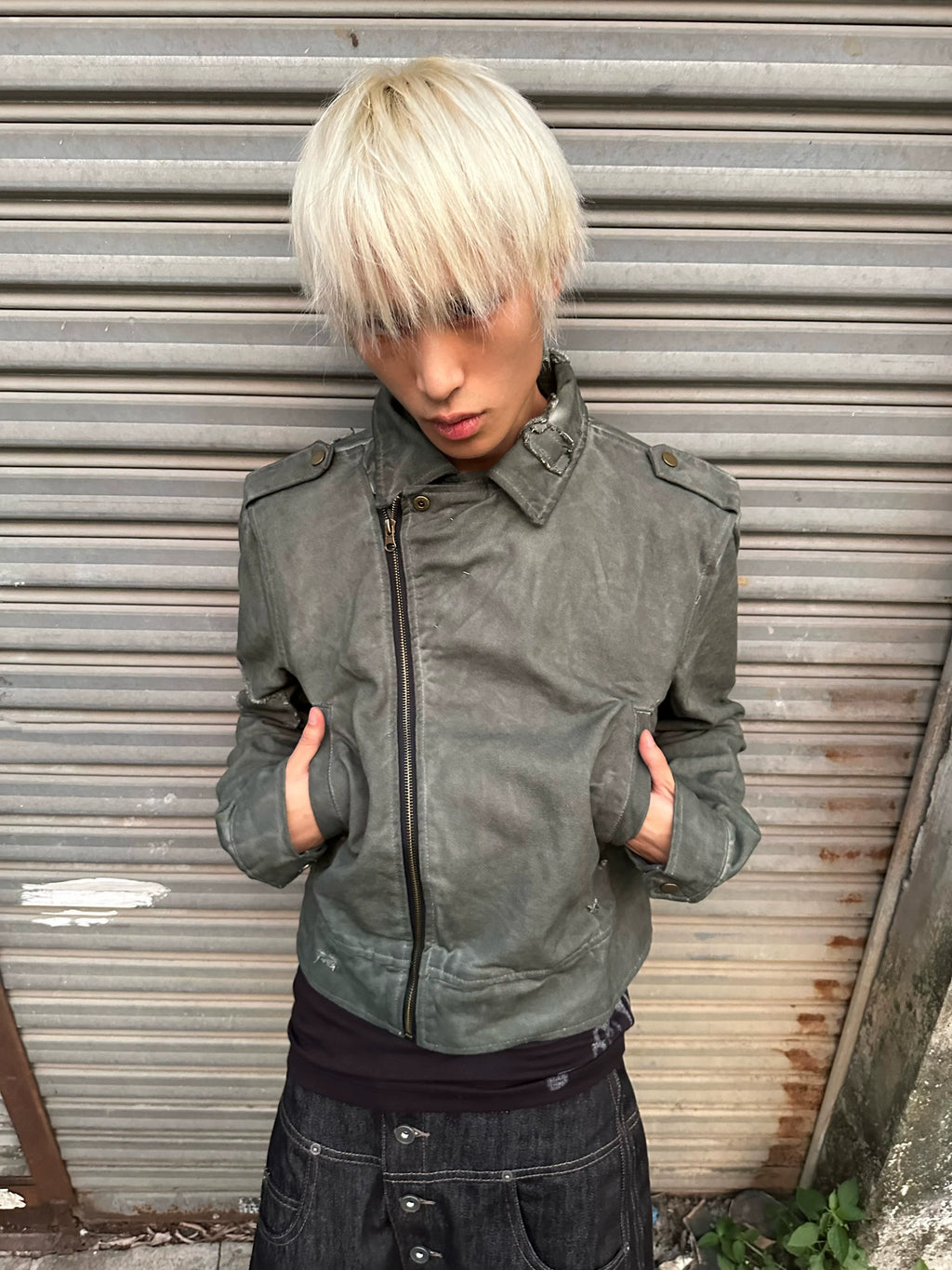 noEmosen Tie Gray Green Dyed Motorcycle Collar Jacket