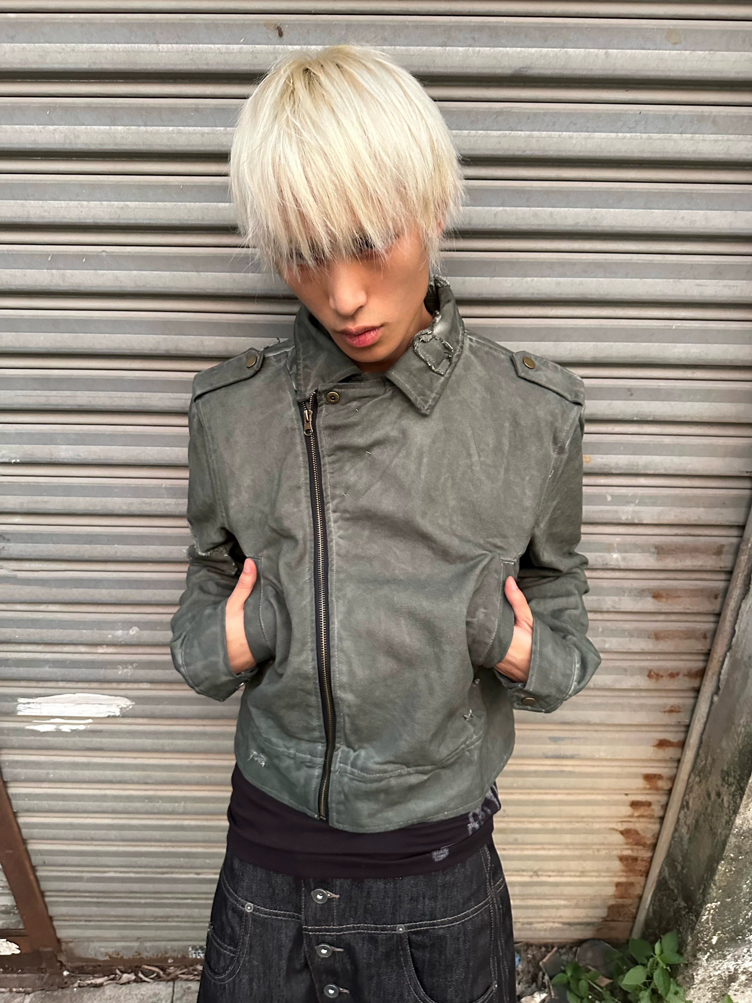 noEmosen Tie Gray Green Dyed Motorcycle Collar Jacket