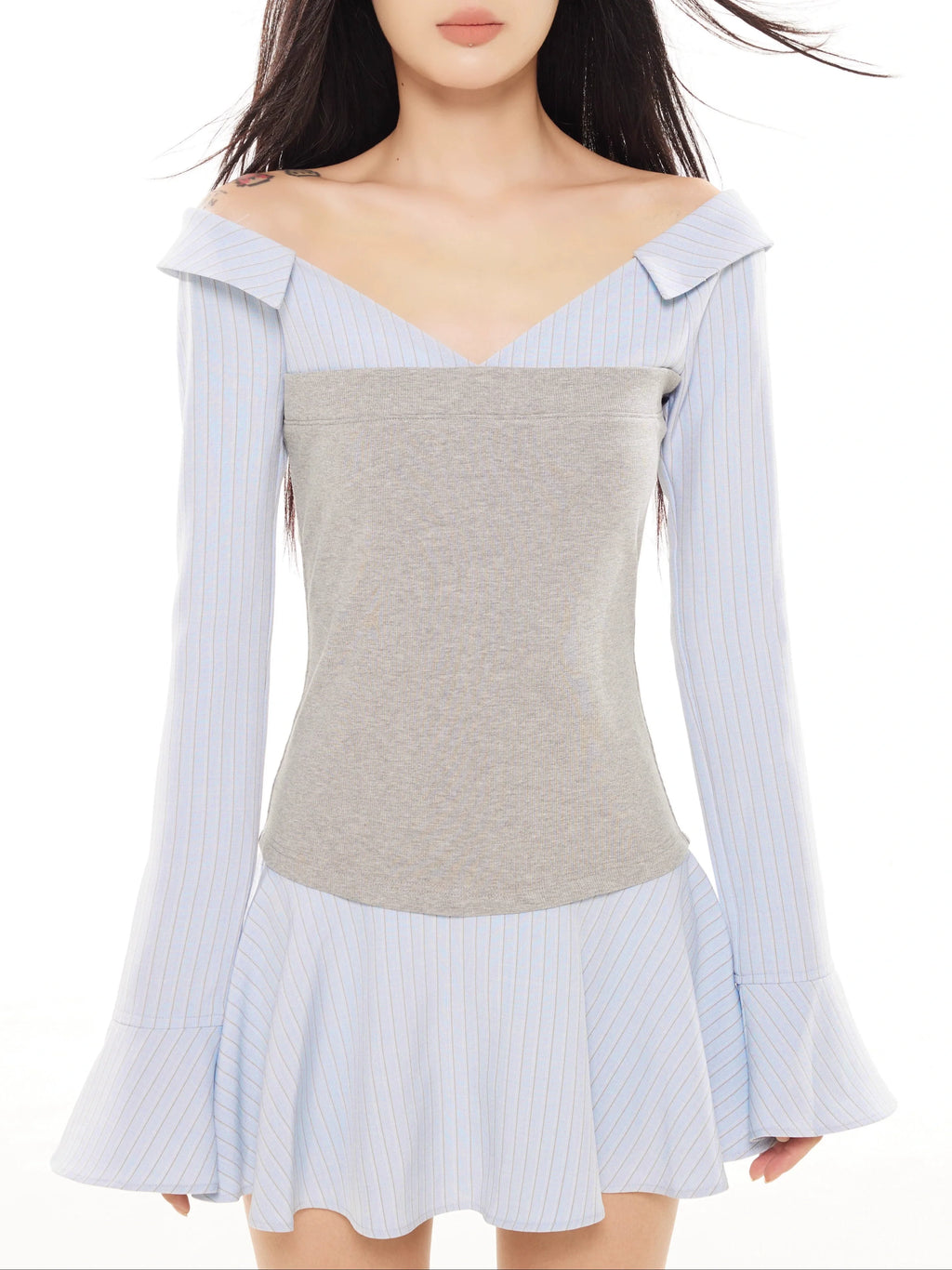 Zero Stripe Splicing V-Neck Slim Fit Dress