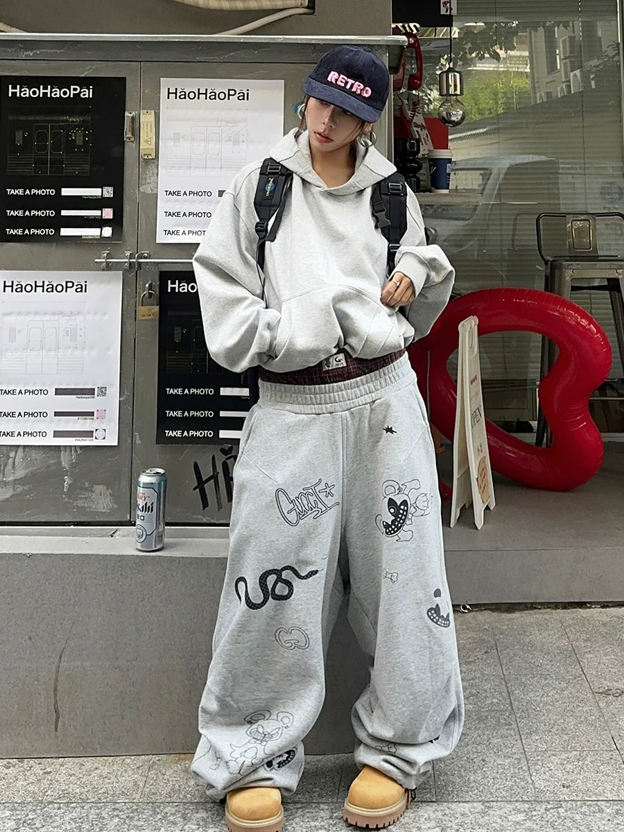 DND4DES Graffiti Print Double Waist Splicing Gray Sweatpants