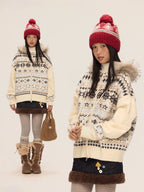 Mr. Jiangnan & andall Fair Isle Detachable Fur Collar Knit Cardigan