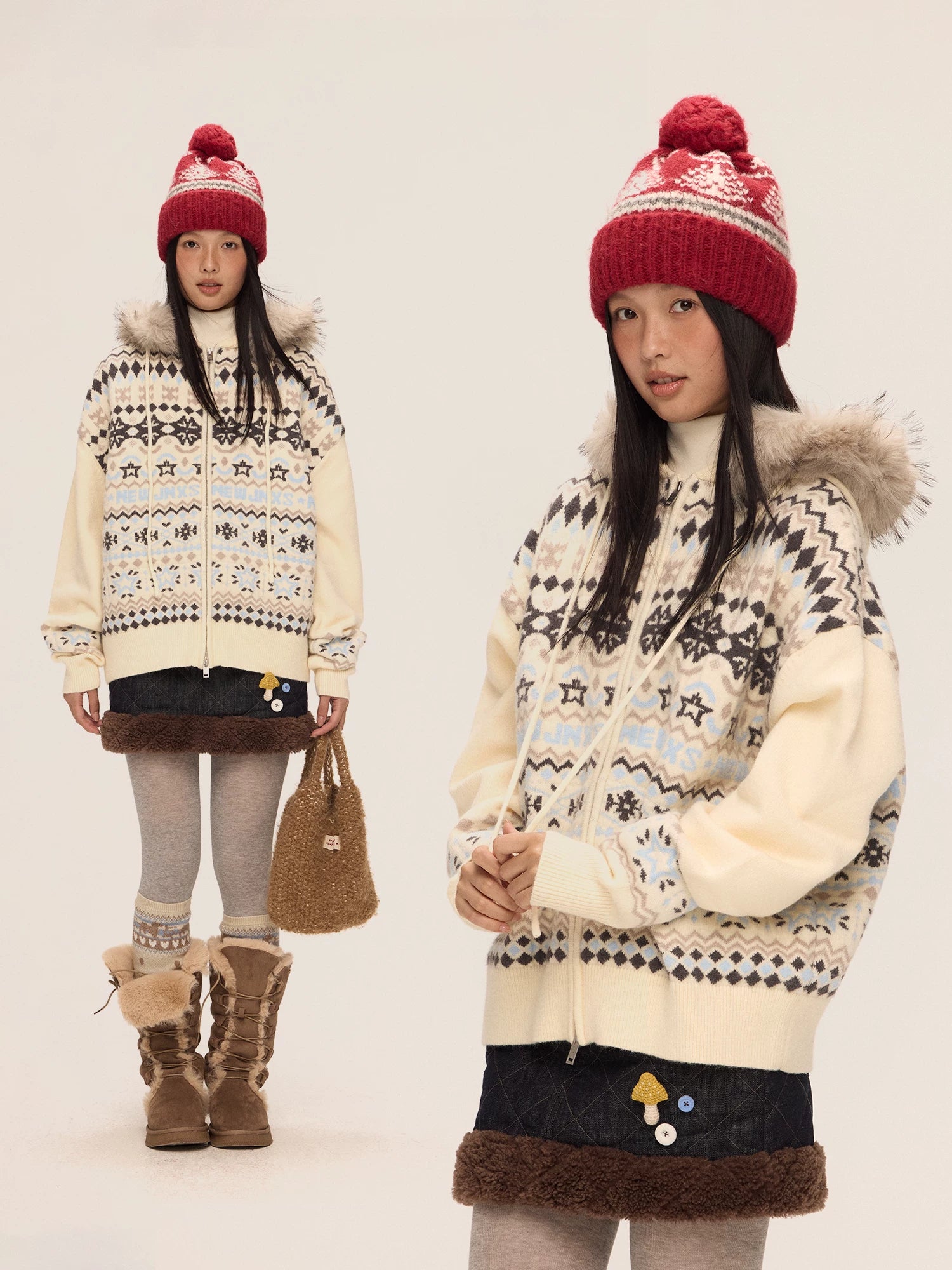 Mr. Jiangnan & andall Fair Isle Detachable Fur Collar Knit Cardigan