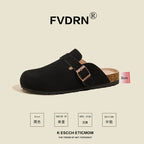 FVDRN Genuine Leather Cork Sole Clog Slippers