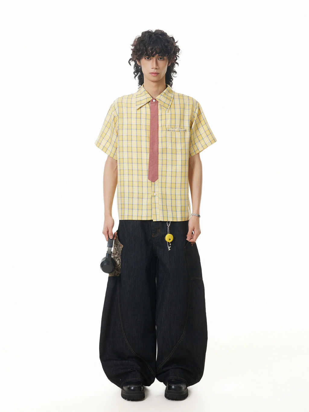 BTSG Detachable Tie Plaid Short Sleeve Shirt