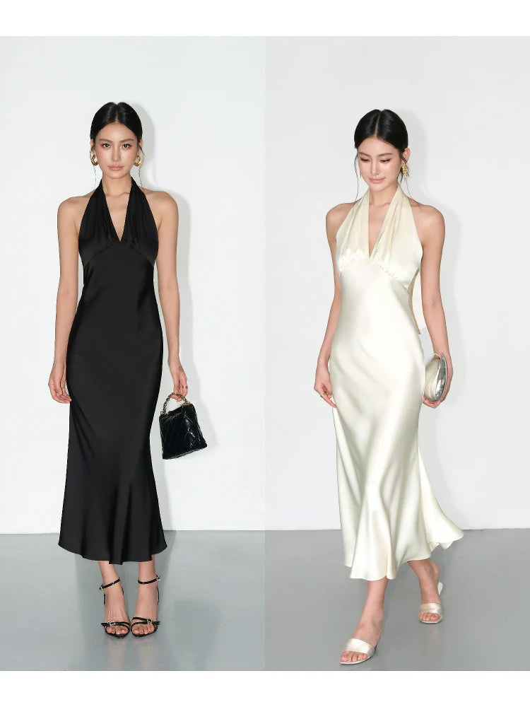 NEVA HU Premium Satin V-Neck Neck Dress