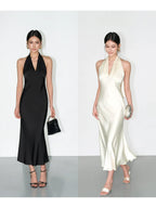 NEVA HU Premium Satin V-Neck Neck Dress