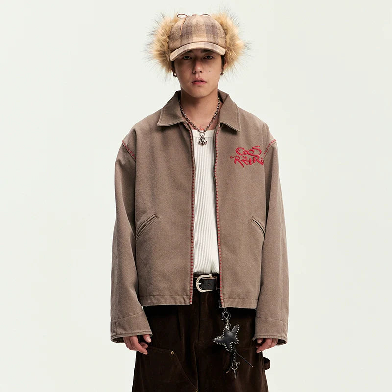 CoosRetro Vintage One-Word Embroidered Craft Shirt Jacket