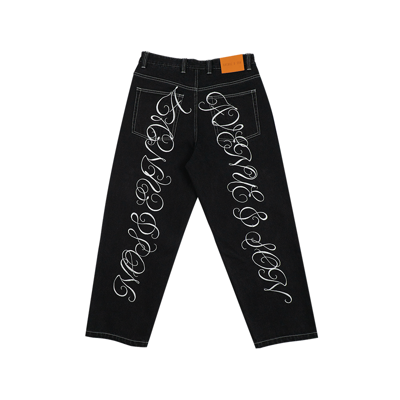 AVENUESON Two Color Heavy Embroidery Straight Wide Leg Jeans