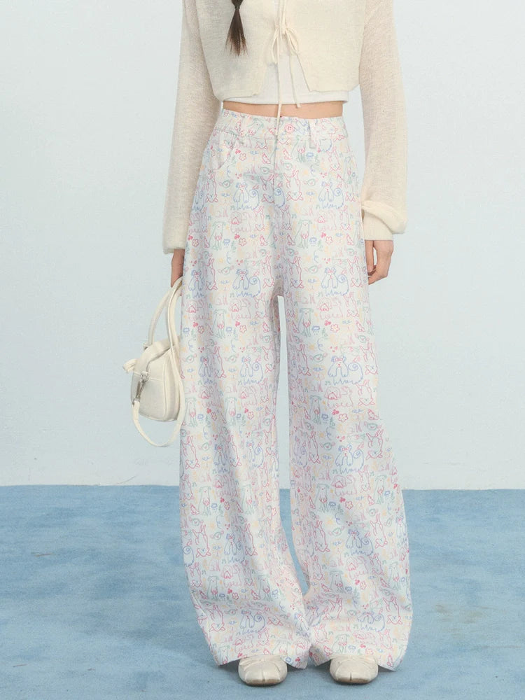 Umoumo Loose Color Puppy Graffiti Printed Casual Pants