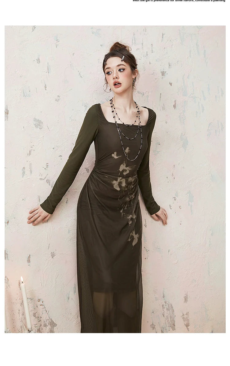 Imone Butterfly Print Pleated Mesh Dress