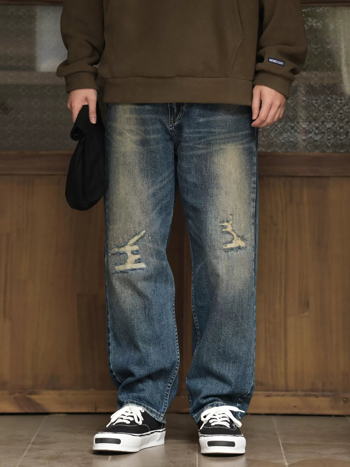 DESICCANT Washed Old Ripped Straight Loose Jeans