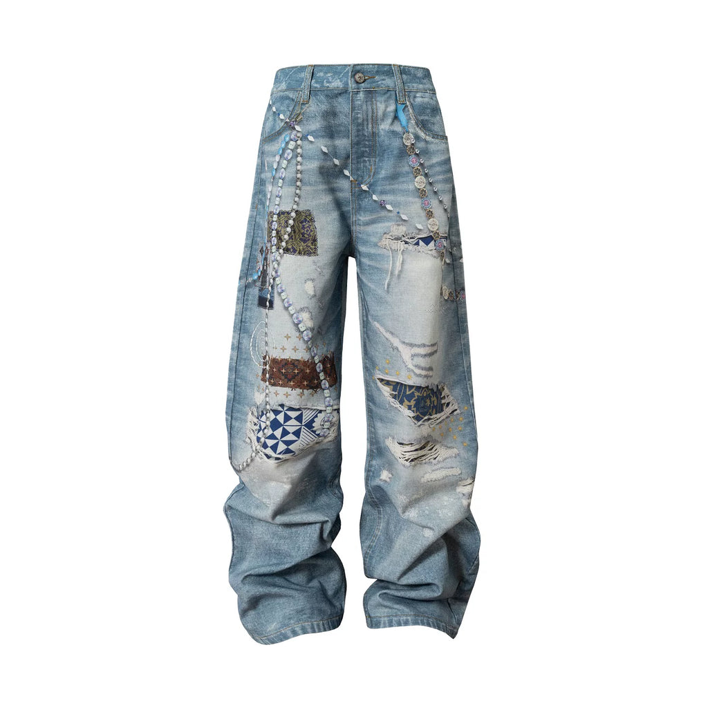 YADxMEDM Baijia Cloth Patch Destroyed Chain Print Jeans
