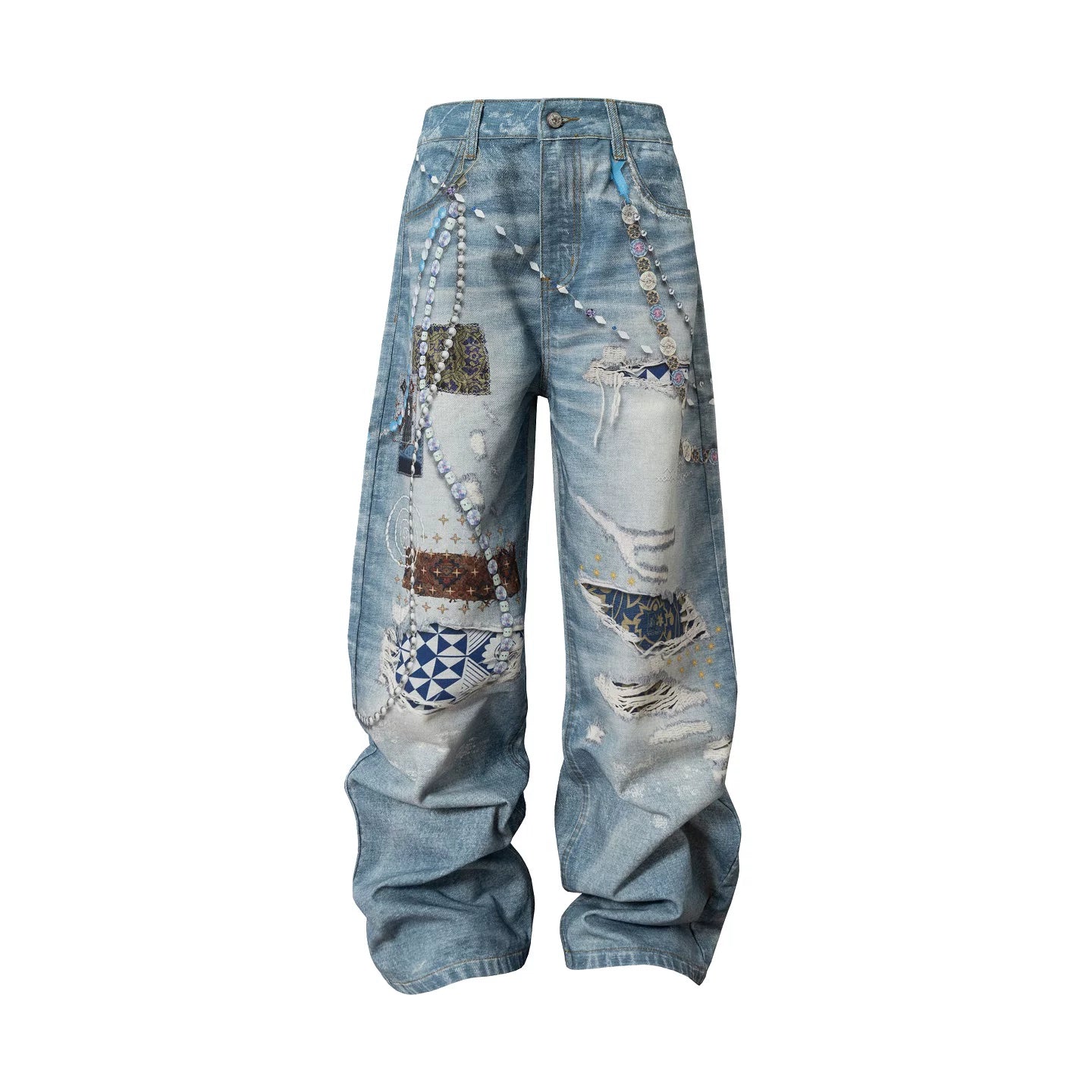 YADxMEDM Baijia Cloth Patch Destroyed Chain Print Jeans