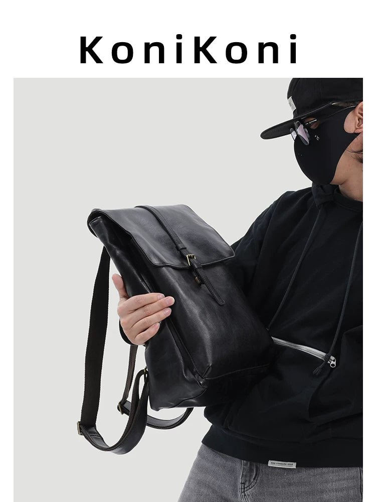 KoniKoni Cowhide Black Commuter Backpack