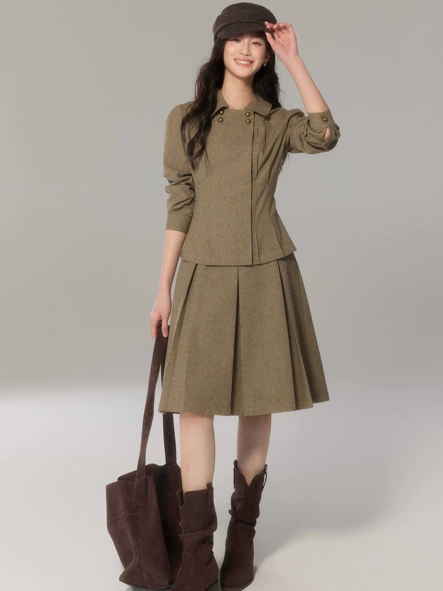 TYANG Retro Plaid Shirt Skirt Set