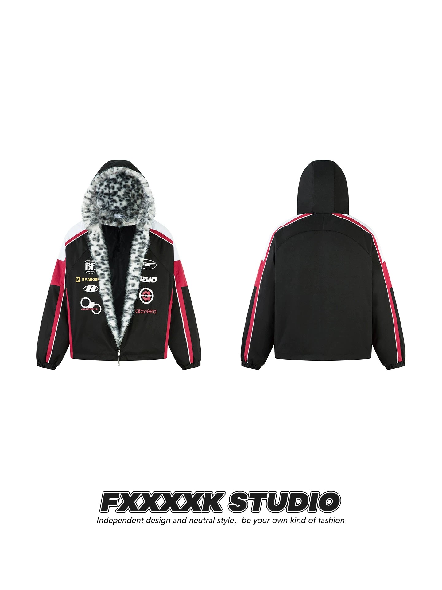 FXK Original Leopard Print Fur Collar Motorcycle Jacket