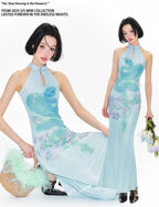 YEDM Blue Snake Print Neck Cheongsam Dress