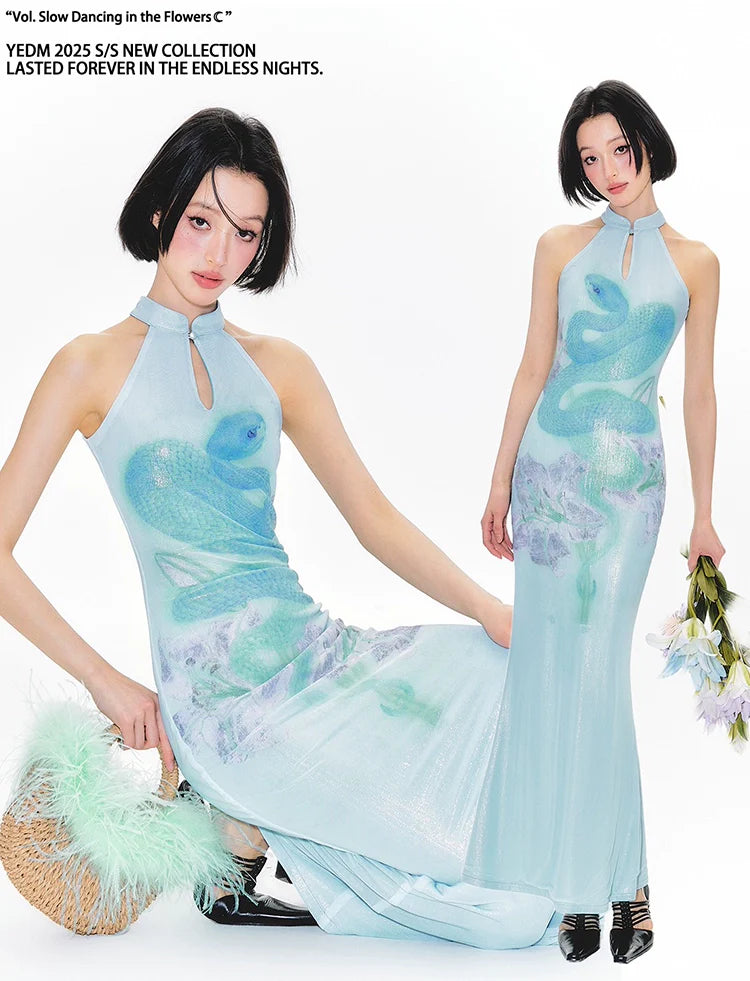 YEDM Blue Snake Print Neck Cheongsam Dress