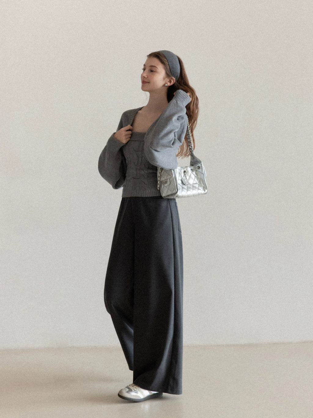 cantonstory Gray Short Knit Cardigan Set