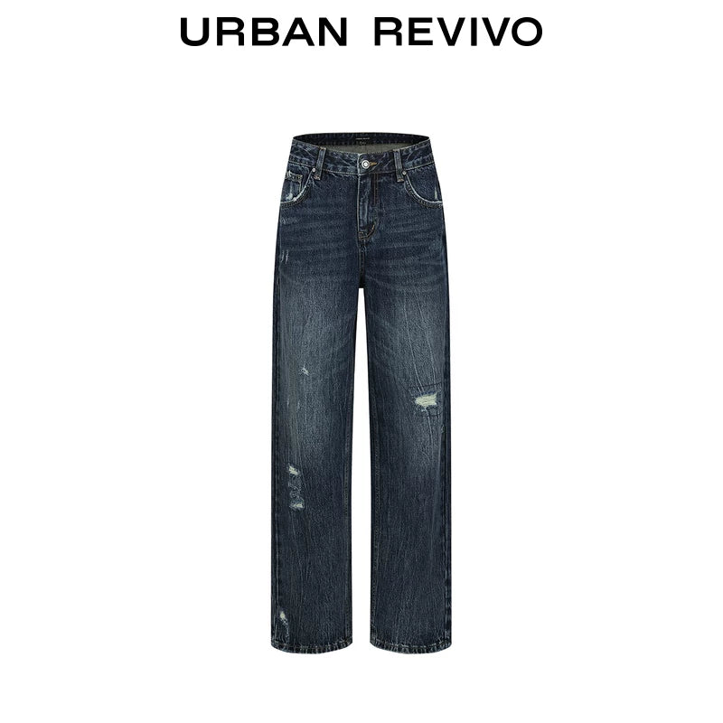 Urban Revivo Washed Whiskers Ripped Wide Leg Jeans
