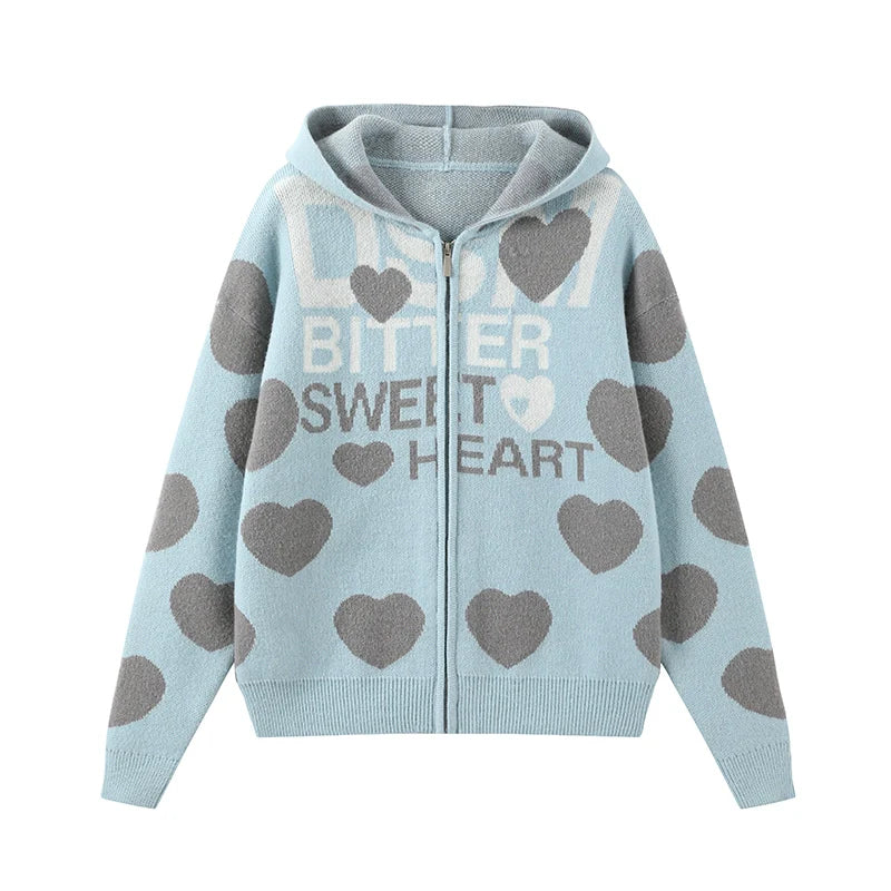 DONSMOKE Love Print Soft Waxy Lazy Contrasting Color Knitted Zipper Jacket