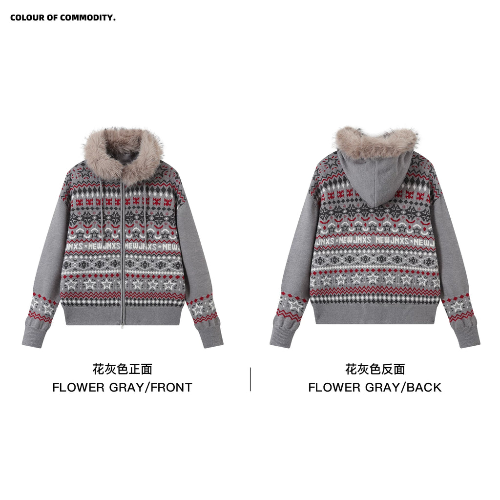Mr. Jiangnan & andall Fair Isle Detachable Fur Collar Knit Cardigan