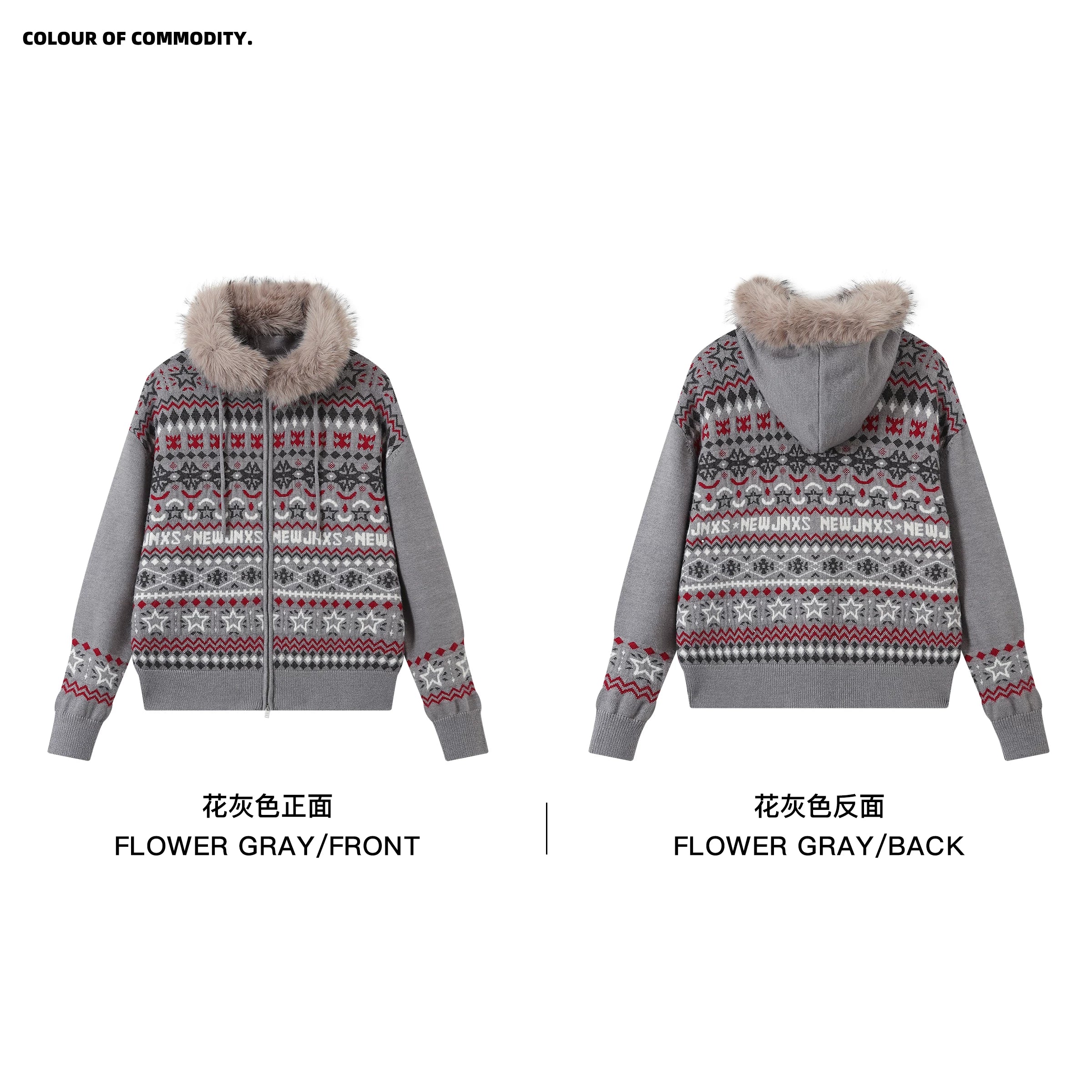 Mr. Jiangnan & andall Fair Isle Detachable Fur Collar Knit Cardigan