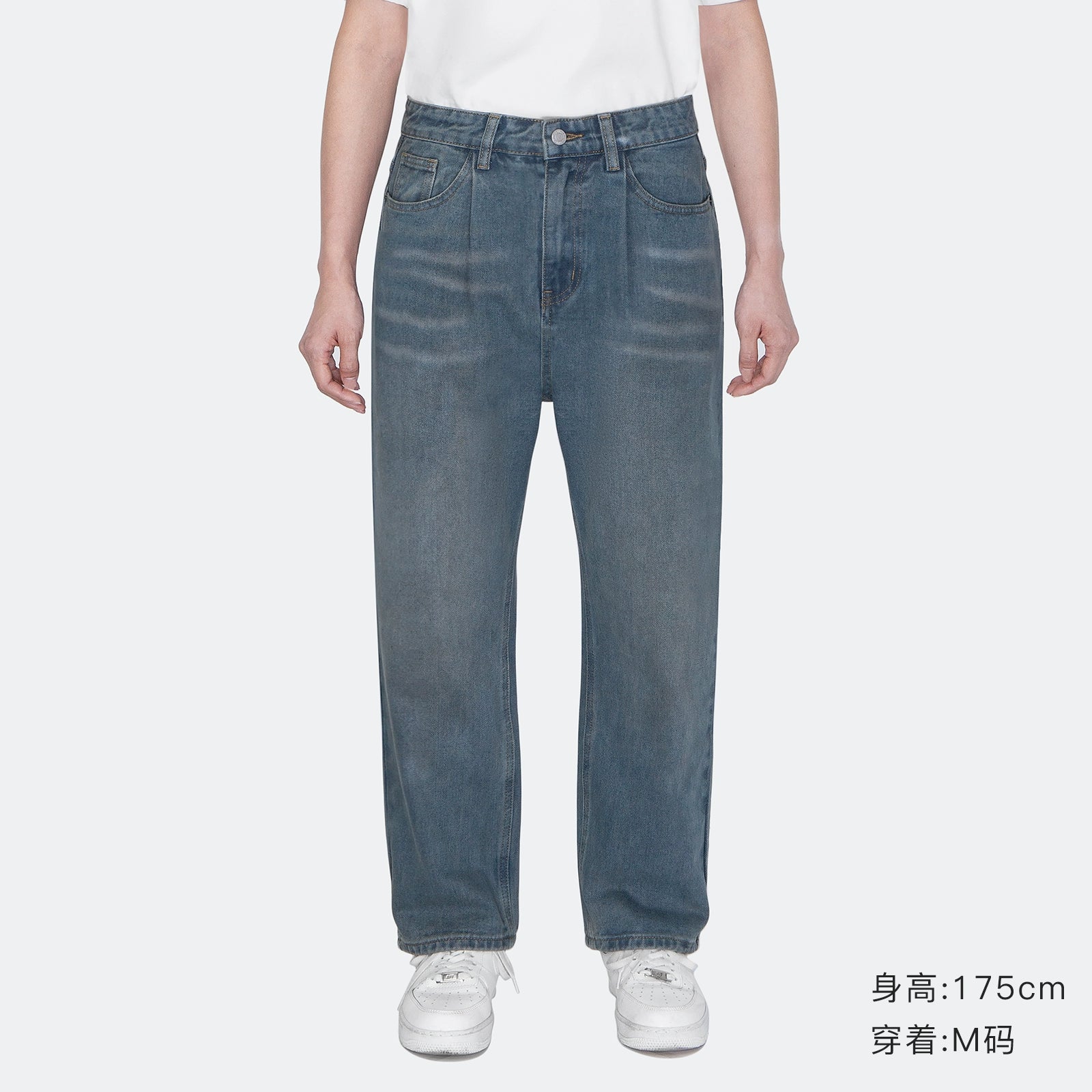 IDLT 13oz Loose Straight Single-Pleat Retro Washed Blue Wide-Leg Jeans