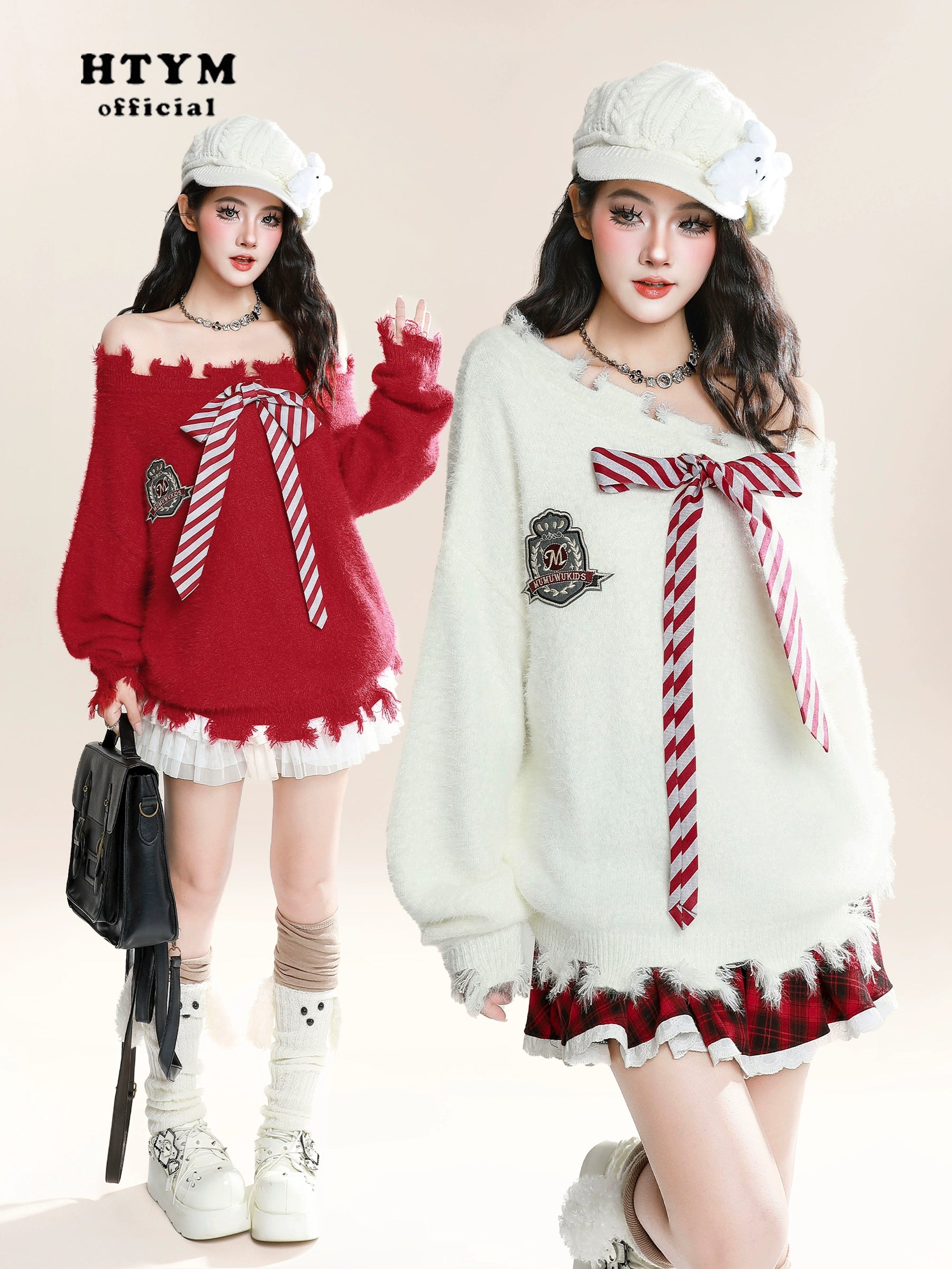 HTYM Striped One-Shoulder Mohair Sweater for Women