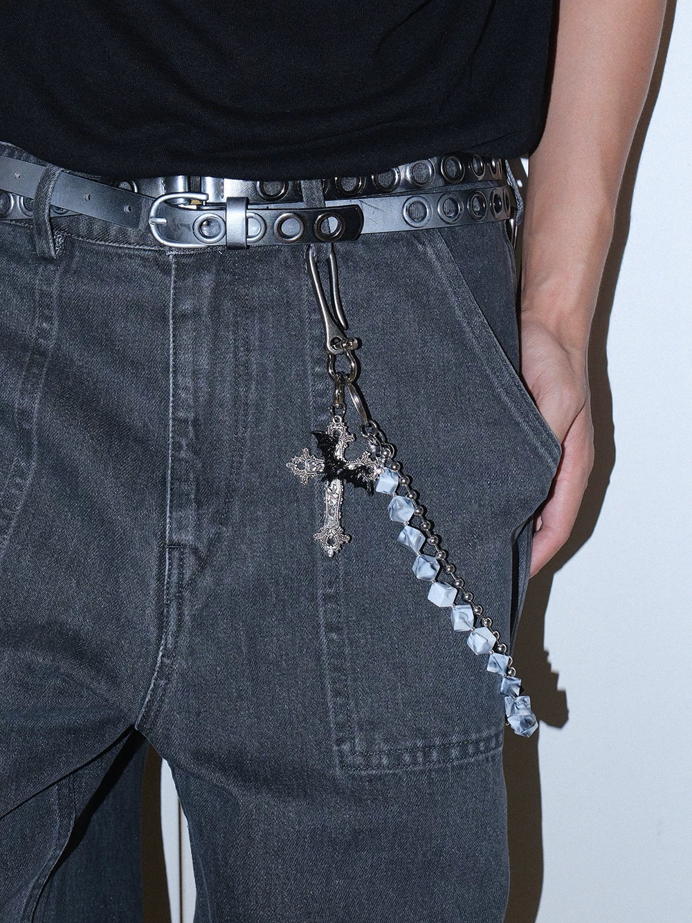 Darkblue Store Retro Blue Cross Skull Punk Trouser Chain