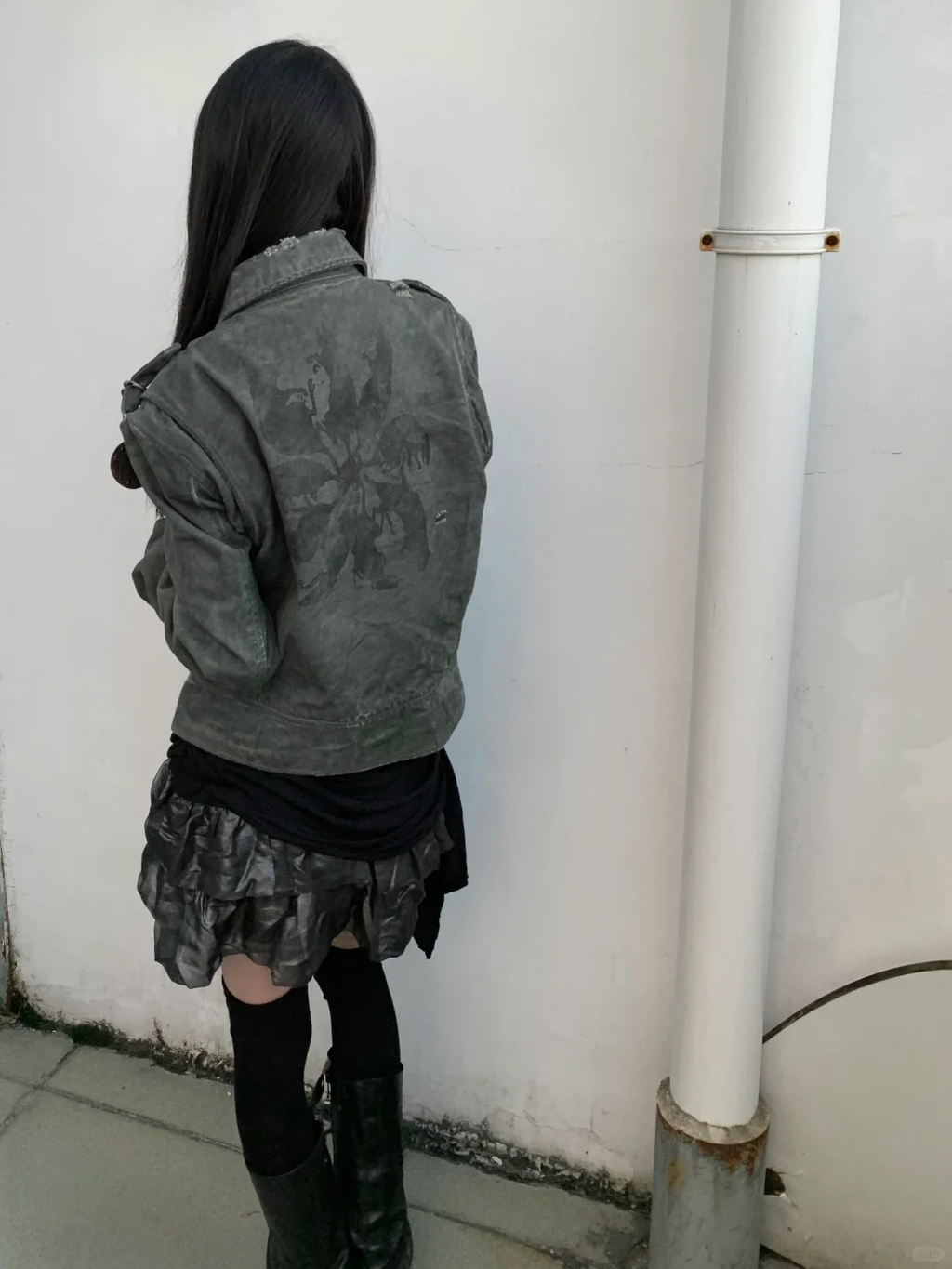 noEmosen Tie Gray Green Dyed Motorcycle Collar Jacket