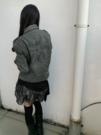 noEmosen Tie Gray Green Dyed Motorcycle Collar Jacket