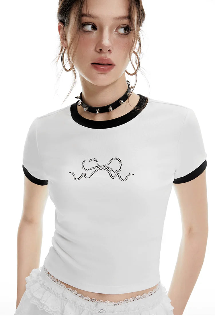 Imone Contrasting Bow Hot Diamond Round Neck Tee