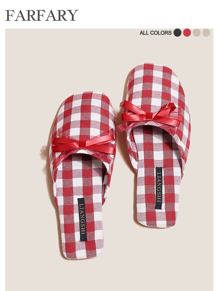 Farfary Houndstooth Bow Half Slippers