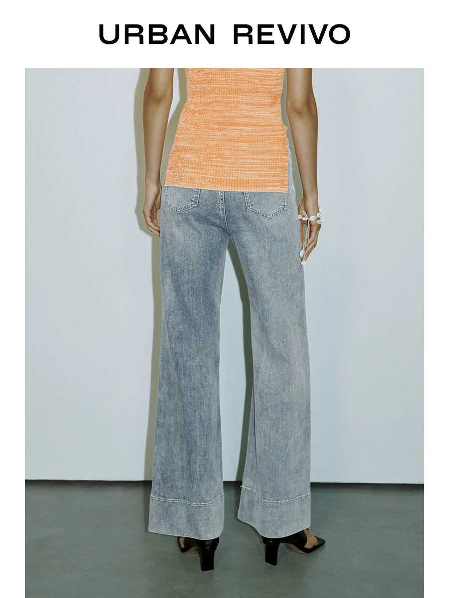 URBAN REVIVO Wave Hipster Retro Washed Bag Slightly Pulled Jeans