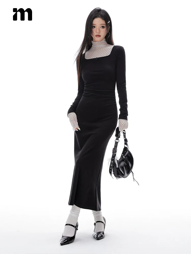 Imone Pleated Waist Mesh Stitching Semi-turtleneck Dress