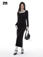 Imone Pleated Waist Mesh Stitching Semi-turtleneck Dress