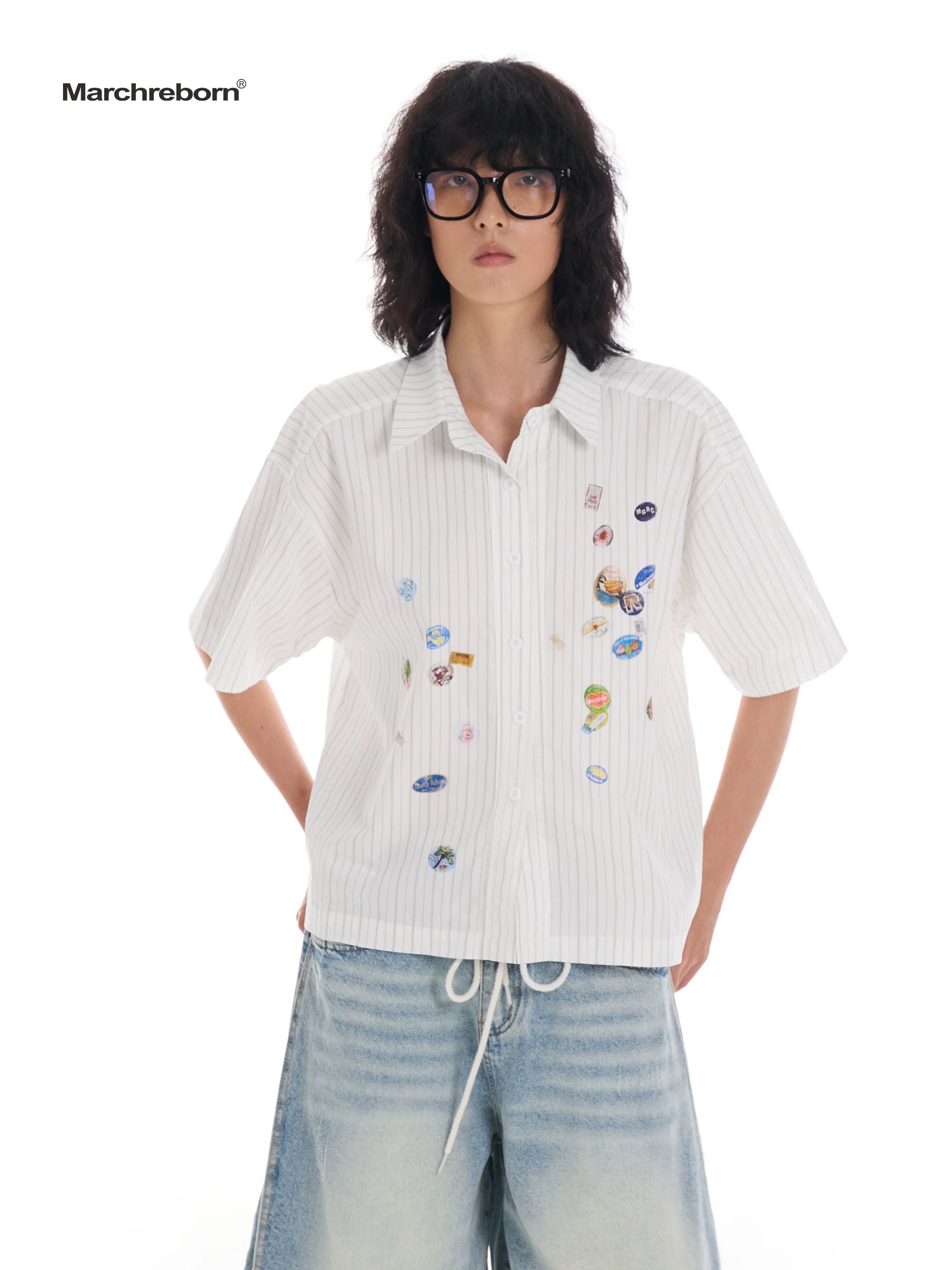 March Easy Sticker Printed Striped Short Sleeve Shirt