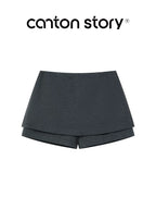 cantonstory Retro Gray High Waist Faux Two Piece Skirt Pants