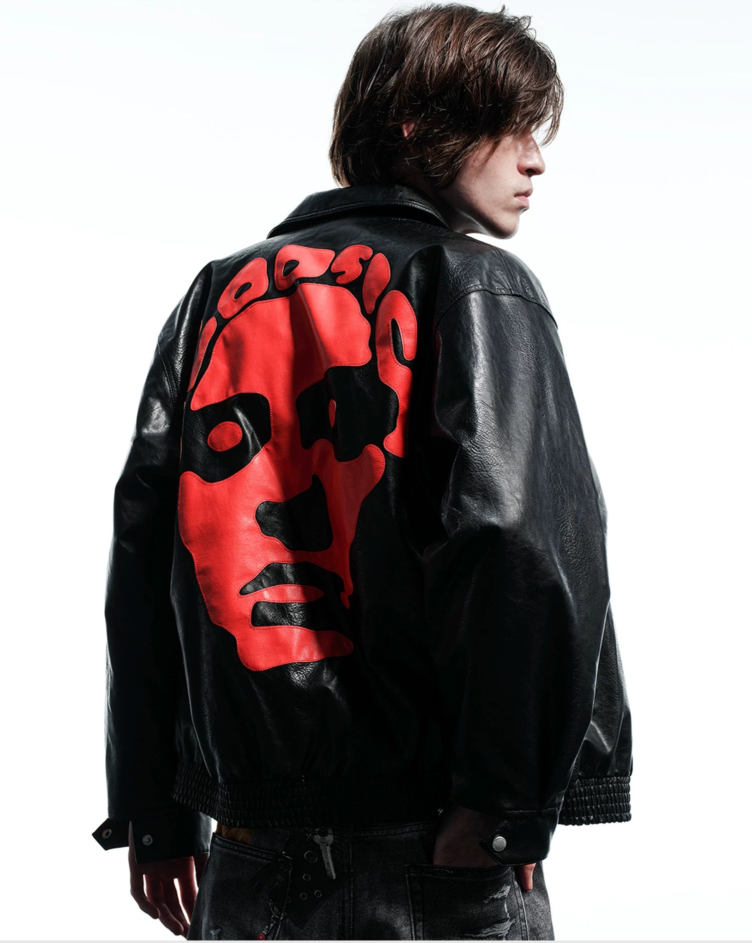 WHOOSIS Face Patch Leather Quilted Baseball Jacket