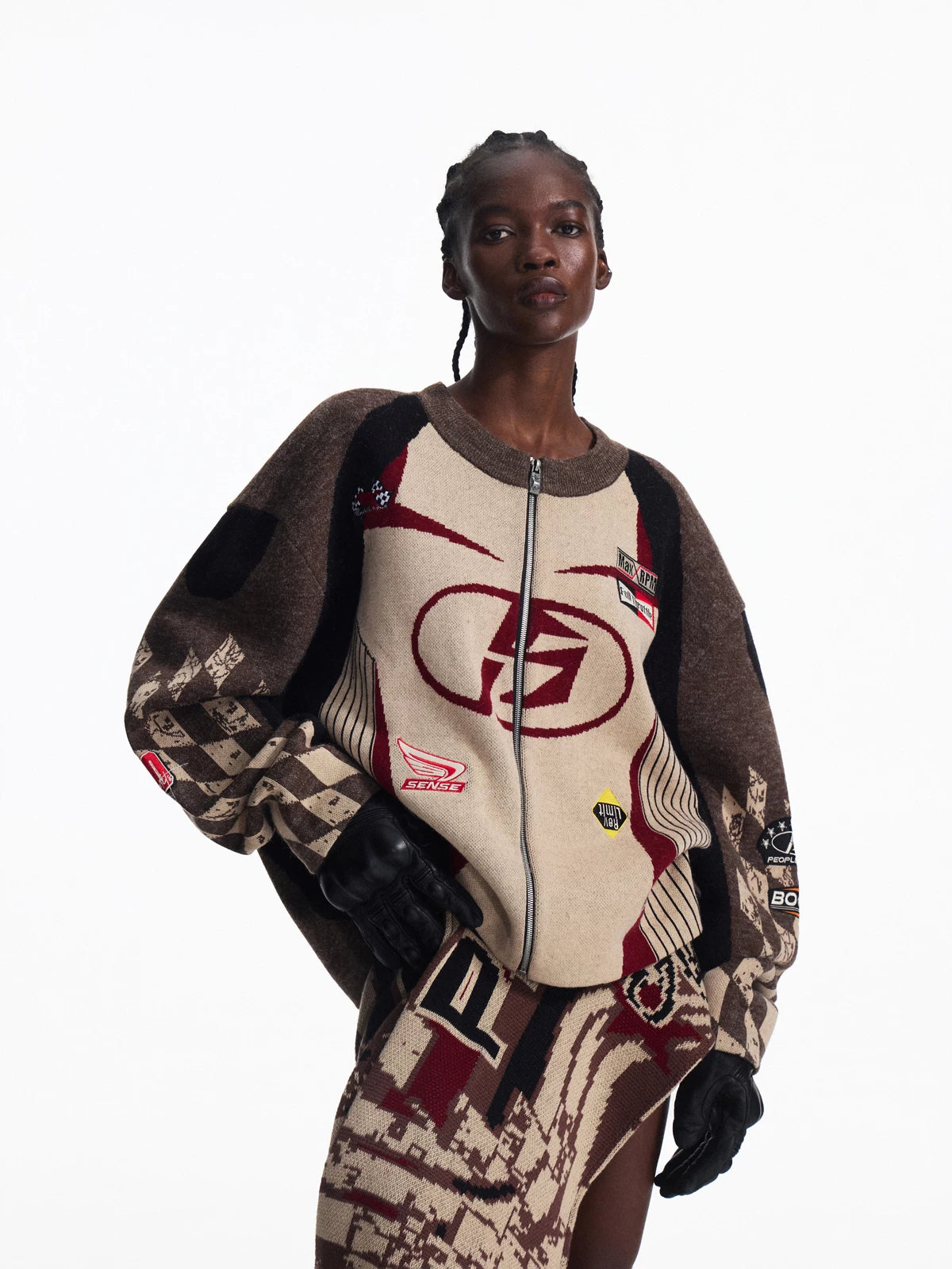 PEOPLESENSE Racing Contrast Knit Round Neck Zipper Cardigan